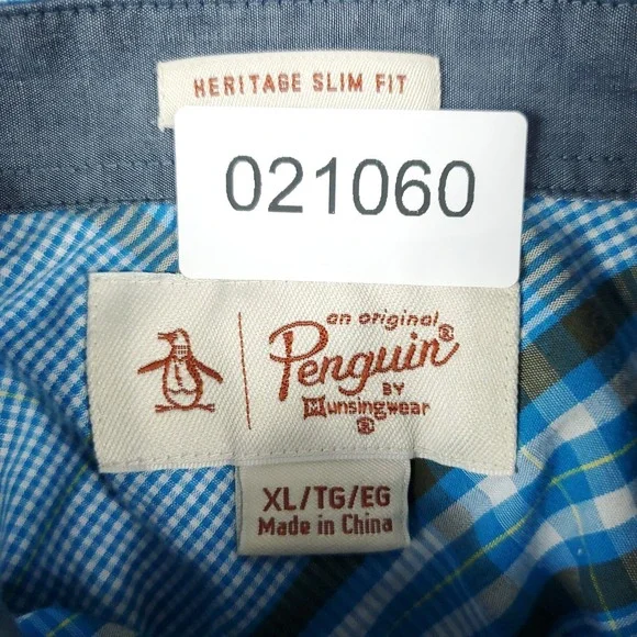 Penguin Shirt Mens XL Blue Plaid Slim Fit Casual Button Up Short Sleeve - Picture 7 of 7